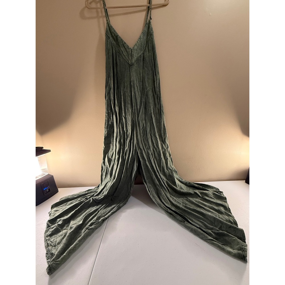 North Shore Figwood Olive Green Wide Leg Rayon Jumpsuit Small Boho Smocked Back